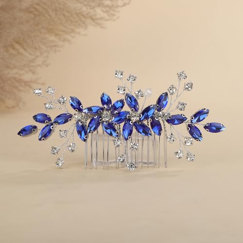 Teyglen Blue Crystal Flower Wedding Hair Comb Bridal Hair Accessory for Women