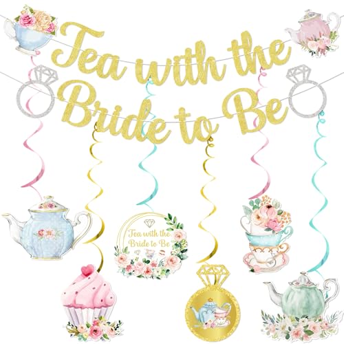 Gold Glitter Tea with the Bride to Be Banner & Swirls Set