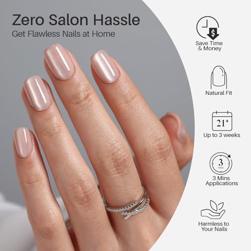 ShangMeng Press On Nails Champagne Veil Almond Short Nude Cat Eye Soft Gel, Salon-Quality Manicure