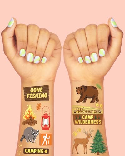 XO Fetti Camping Party Temporary Tattoos 44 Metallic Designs - 8.2x6 Inch Sheets, Wilderness & Forest Animals Favors