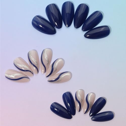 Swirl Blue Press-On Nails - Medium Length Almond Fake Nails with Glitter and Designs for Women