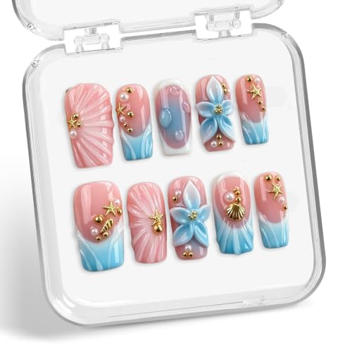 Medium Square Press on Nails with 3D Shell & Starfish Decor - M Size