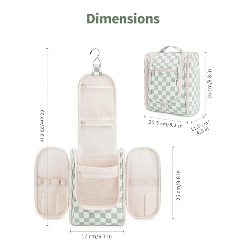 Narwey Hanging Travel Toiletry Bag for Women, Travel Bag for Toiletries, Checkered Makeup Bag Organizer, Cosmetic Make Up Bags for Travel Size Essentials, Skincare, Brushes (Mint Green Checkerboard)