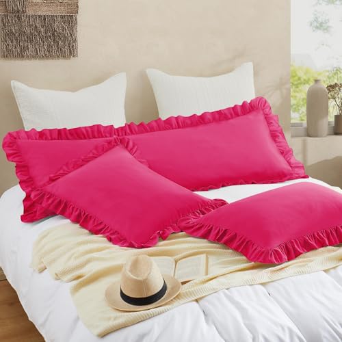Hot Pink Ruffled Pillow Cases Set of 2 | Soft Microfiber Shams 20"x26"