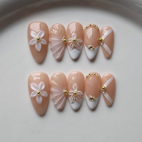 BRKYKGK Style14 French Tip Press-On Nails Medium Almond White with Flower Pearls Gold Accents 10Pcs