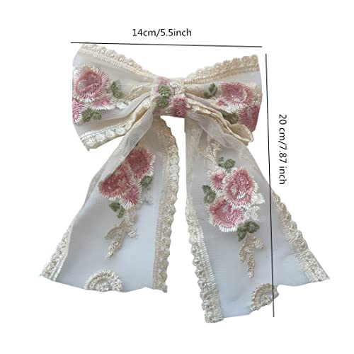 Beige Large Lace Bow Hair Clip with Pink Flower - Honkenda 1 Pack