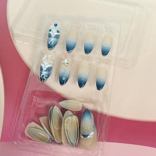 FOXIIU Blue Gradient Almond Press-On Nails with Floral Rhinestones & Charms - Medium Length Full Cover Fake Nails for Women & Girls