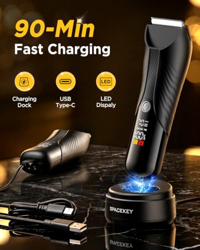 Spacekey IPX7 Waterproof Body Hair Trimmer for Men - USB-C Rechargeable Groomer with LED Light & Travel Bag