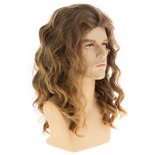 Light Brown Wavy Wig for Men - Medium Length Synthetic Hair