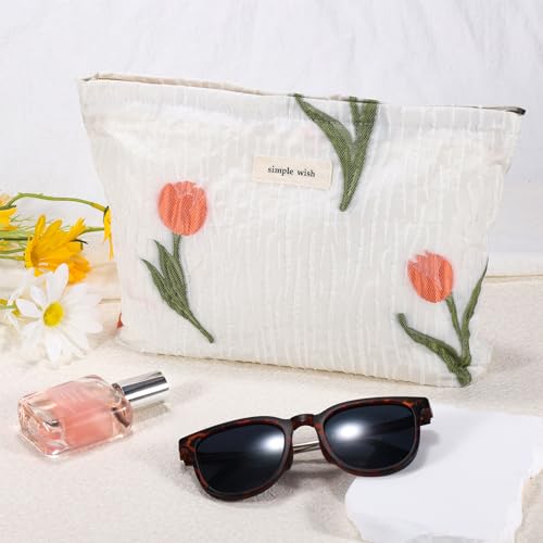 AF Tulip White Makeup Bag for Women Small Floral Cosmetic Pouch Travel Organizer