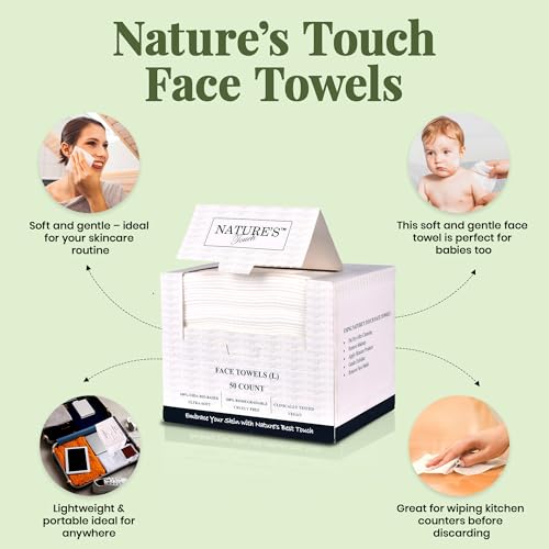 Nature’s Touch Biodegradable Face Towels - Ultra Soft, Vegan, 50 Count, Travel & Skincare