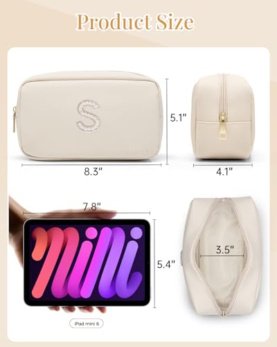 VLANDO Travel Makeup Bag with Pearl Monogram Patch - Beige S (White-S Variant)