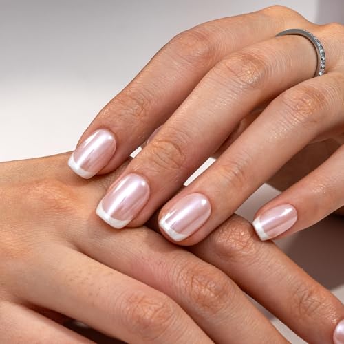 CurvLife Short Square French Tip Press-On Nails, 32PCS Nude Gel