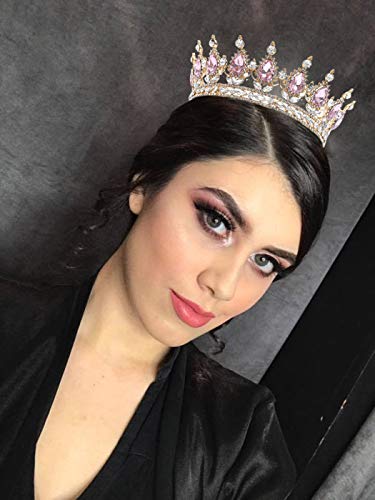 Foyte Pink Baroque Queen Crown Tiara for Wedding Brides Headpiece Rhinestone
