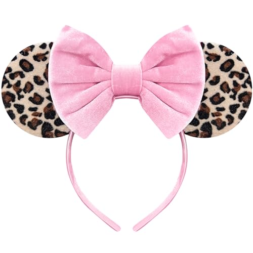Pink Leopard Print Mouse Ears Headband for Women - Fuzzy Bow Accessory