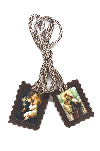 Handmade Catholic Scapular - Brown Wool Icon of Saint Joseph & Our Lady Mt Carmel