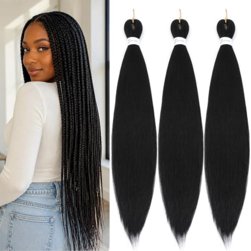 Vensokou 1B# Black Pre Stretched Braiding Hair 26 Inch Yaki Straight Textured Extensions - Pack of 3