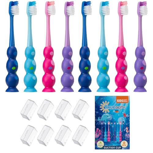 Trueocity Kids Toothbrush Set - 4 Pack with Suction Cups, Ages 3-10, Multi-Color