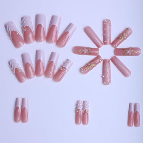 Press On Nails - Long Square Acrylic Kit with 3D Flowers & Gold Charms