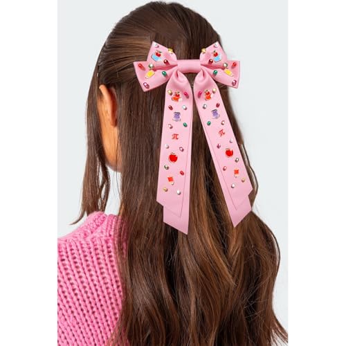 NVENF Pattern E Teacher Hair Bows for Women with Rhinestones – Pencil & Book Charms, Large 9.8-11.8in