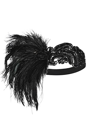 Black 1920s Flapper Headband with Feather - Gatsby Accessory