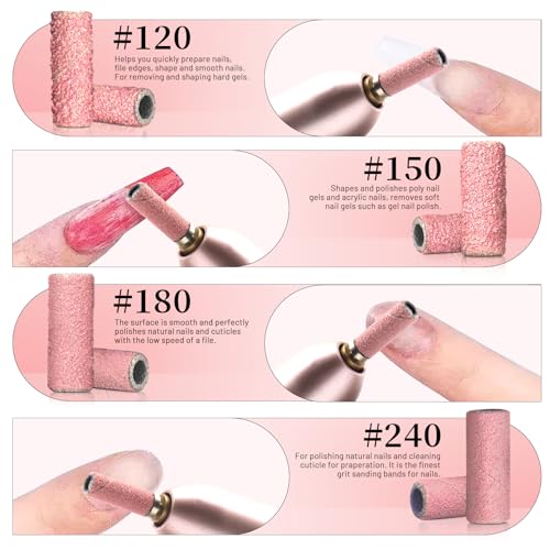 Pink 240 Grit Nail Sanding Bands Set for Drill Bits - 100PCS + 2 Mini 3mm Mandrels