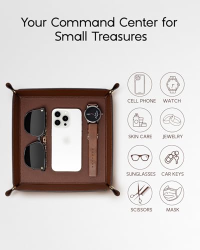 VLANDO Brown PU Leather Valet Tray Organizer - 8.5 Inch Catchall for Keys, Wallet, Phone, Jewelry
