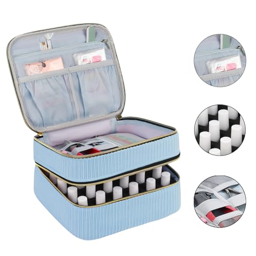 Double-Layer Nail Polish Organizer Case - 30 Bottle Holder Bag (Blue)