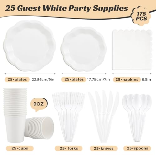175 Pcs White Party Supplies Set for 25 Guests - Plates, Napkins & Cutlery