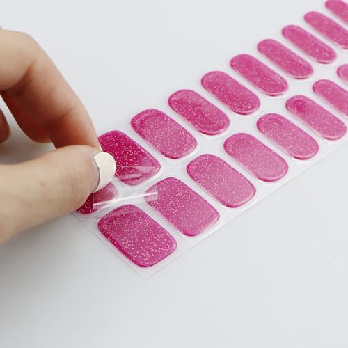 JMEOWIO Pink Glitter Semi Cured Gel Nail Art Stickers - 20 Strips