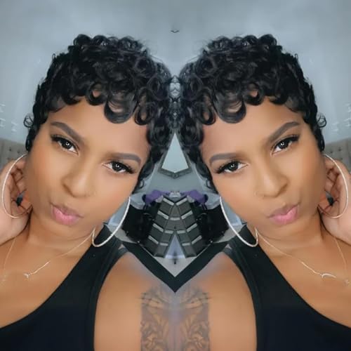 VRZ Pixie Cut Wigs for Black Women Brazilian Curly Pixie Cut Wig Human Hair Glueless Short Layered Wigs With Bangs Natural Black Color No Glue Human Hair Wig for Daily Use