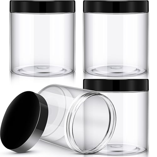 16 Ounce Plastic Jars with Lids - Set of 4, Black, Wide Mouth