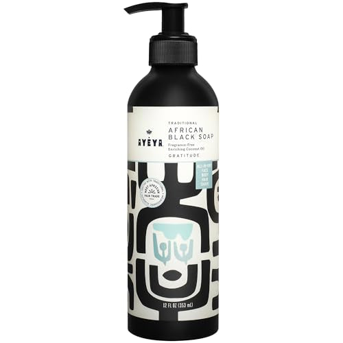 AYÉYA Unscented African Black Soap Liquid Face & Body Wash 12 Oz - Gift-Ready, Fragrance-Free