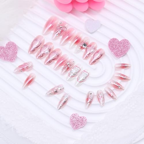 Pink Heart Bow Star-4 Medium Almond Press On Nails with Rhinestones & Pearls, Valentines Fake Nails Set