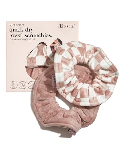 Kitsch Microfiber Quick-Dry Hair Towel Scrunchie - Terracotta Checkered, 2 Pack