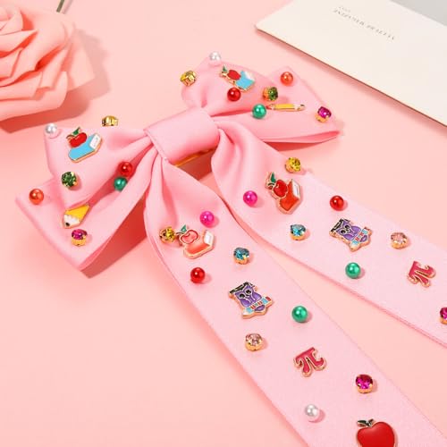 NVENF Pattern E Teacher Hair Bows for Women with Rhinestones – Pencil & Book Charms, Large 9.8-11.8in