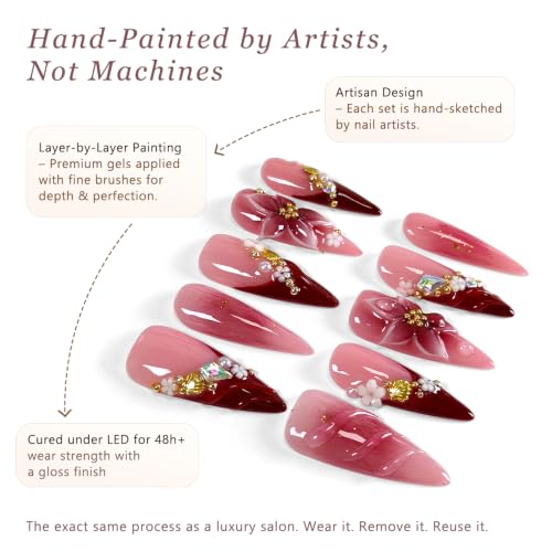 TENPAL Burgundy French Tips Long Stiletto Press-On Nails 3D Floral L
