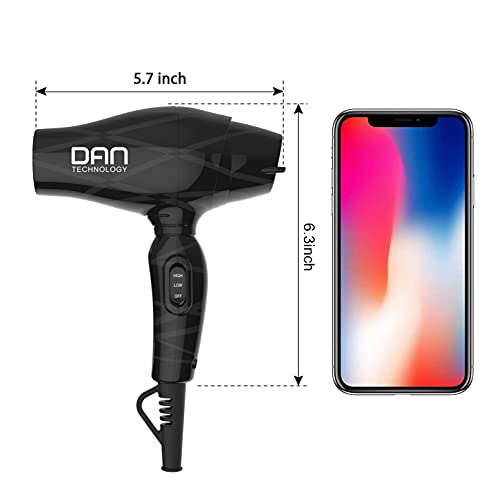 DAN Technology Mini Portable Hair Dryer - Lightweight Blow Dryer with Concentrator & Diffuser, Black