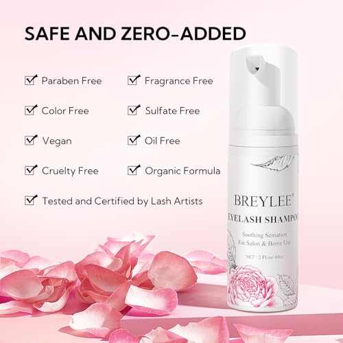 BREYLEE Eyelash Cleanser, Shampoo Foam & Brushes Eyelid Cleanser for Makeup Remover Paraben & Sulfate Free for Salon and Home Use(60ml, 2 fl oz)