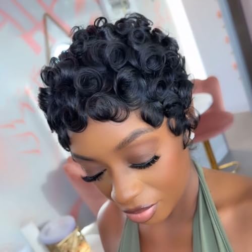 VRZ Pixie Cut Wigs for Black Women Brazilian Curly Pixie Cut Wig Human Hair Glueless Short Layered Wigs With Bangs Natural Black Color No Glue Human Hair Wig for Daily Use