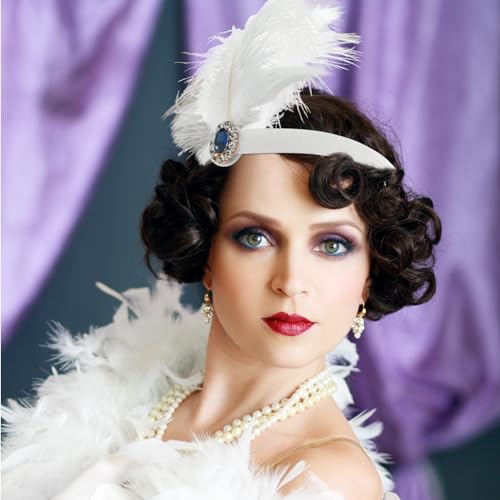 Seematn White 12 Pcs 1920s Flapper Headpiece with Rhinestones & Feathers