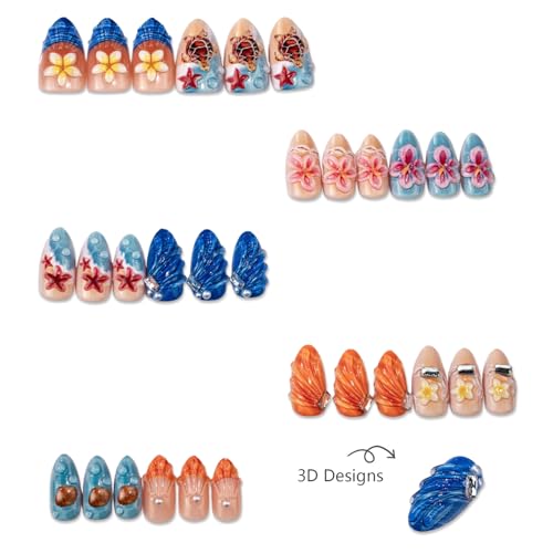 30pcs Almond Press on Nails with Sea Turtle & Flower Design