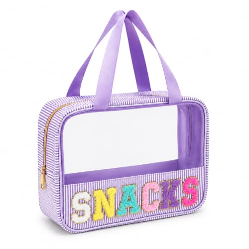 Travel Snack Bag for Women with Chenille Letter - Reusable Seersucker Organizer