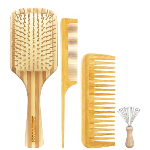 4-in-1 Bamboo Hair Brush and Comb Set for Detangling and Styling