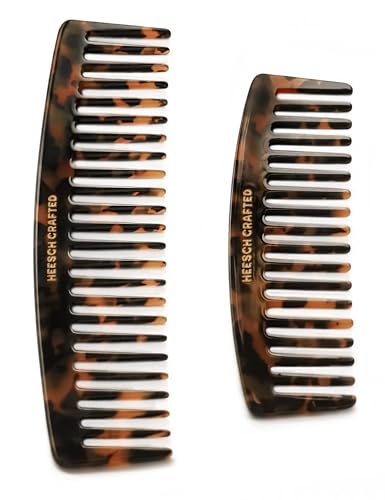 Heesch Classic Tortoise Wide Tooth Curl Comb Set of 2 — 5 & 7 Inch Travel & Styling Combs for Curly & Wet Hair
