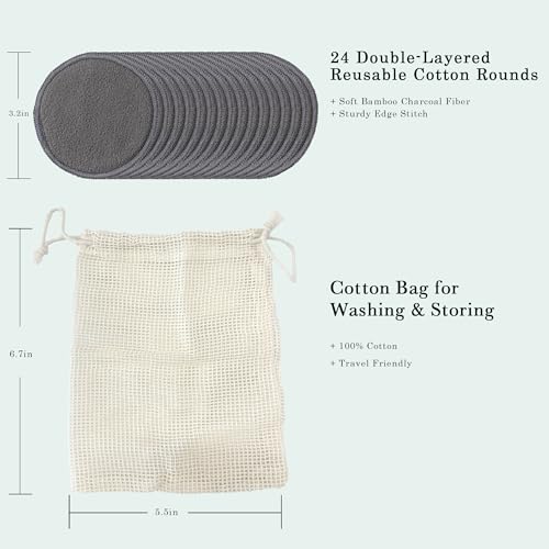 Minasuki 24-Pack Bamboo Charcoal Reusable Cotton Rounds with Wash Bag
