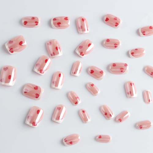 Valentine's Short Square Chrome Fake Nails with Heart Designs - 24Pcs Style 3