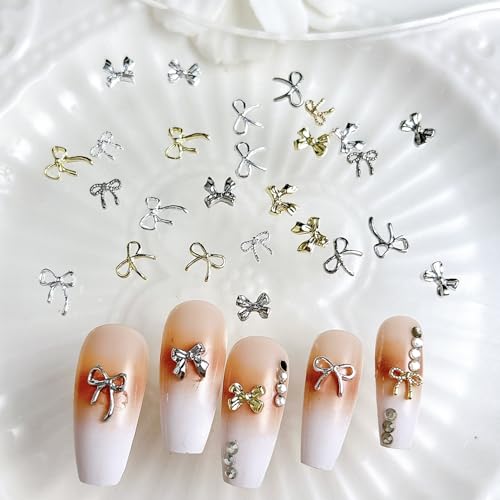 120Pcs Mixed 3D Metal Bow Nail Charms - Gold & Silver Nail Art Accessories