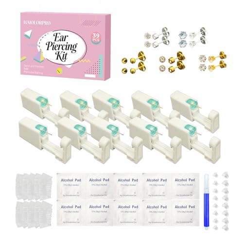 HAIOLORPRO 39Pcs Ear Piercing Kit with Disposable Gun & CZ Studs - Blue Marker