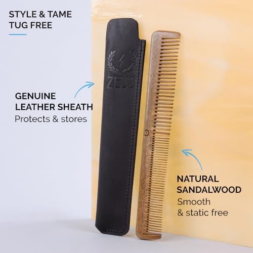ZEUS Sandalwood Beard & Mustache Comb with Leather Case
